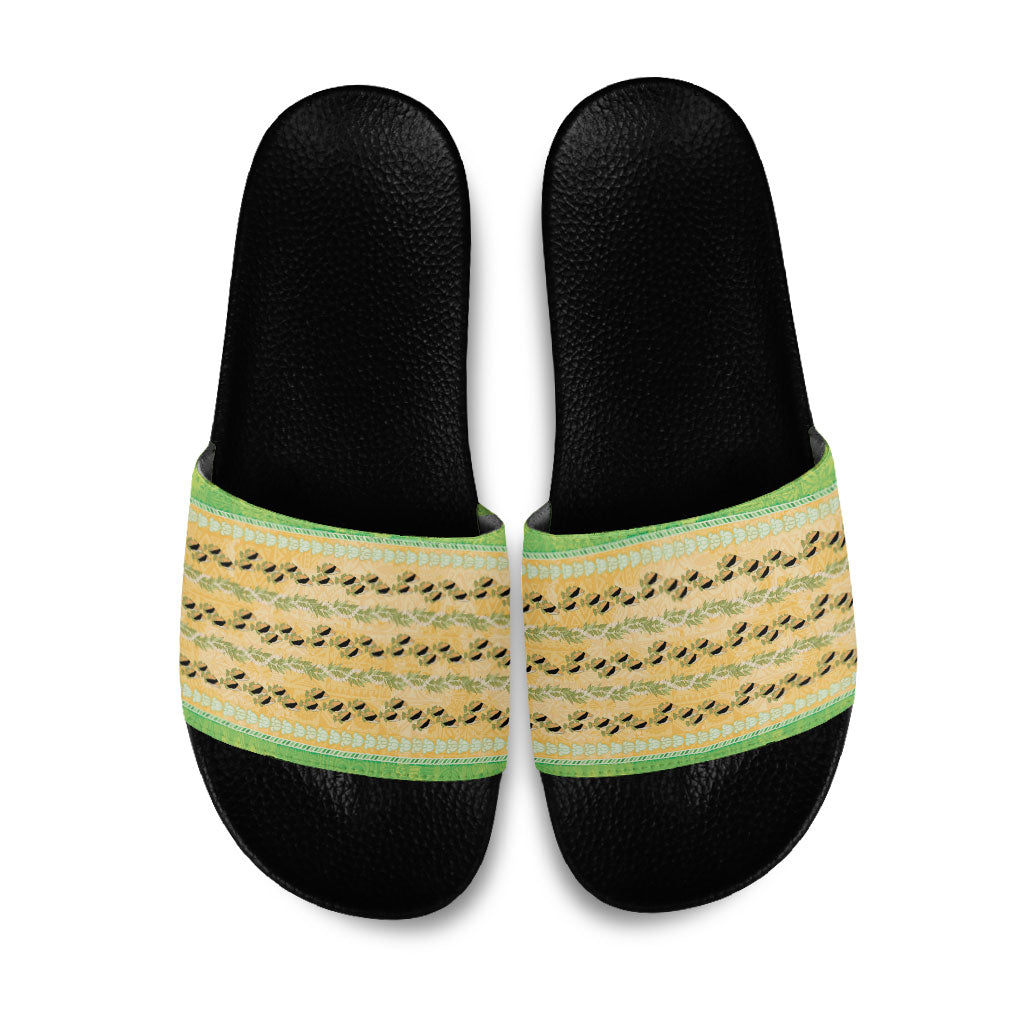 Hawaii Humuhumu Fish Maile Pikake Lei Slide Sandals Tribal Tapa Green Version