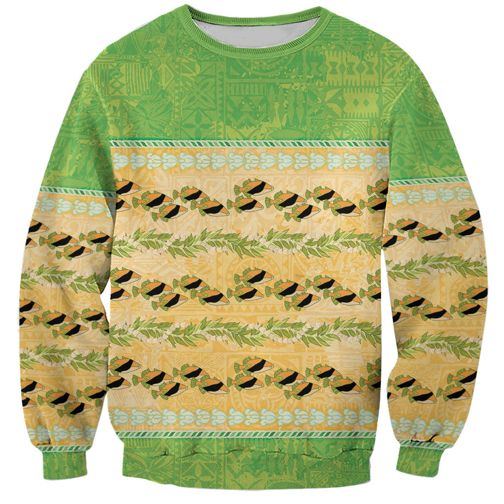 Hawaii Humuhumu Fish Maile Pikake Lei Sweatshirt Tribal Tapa Green Version