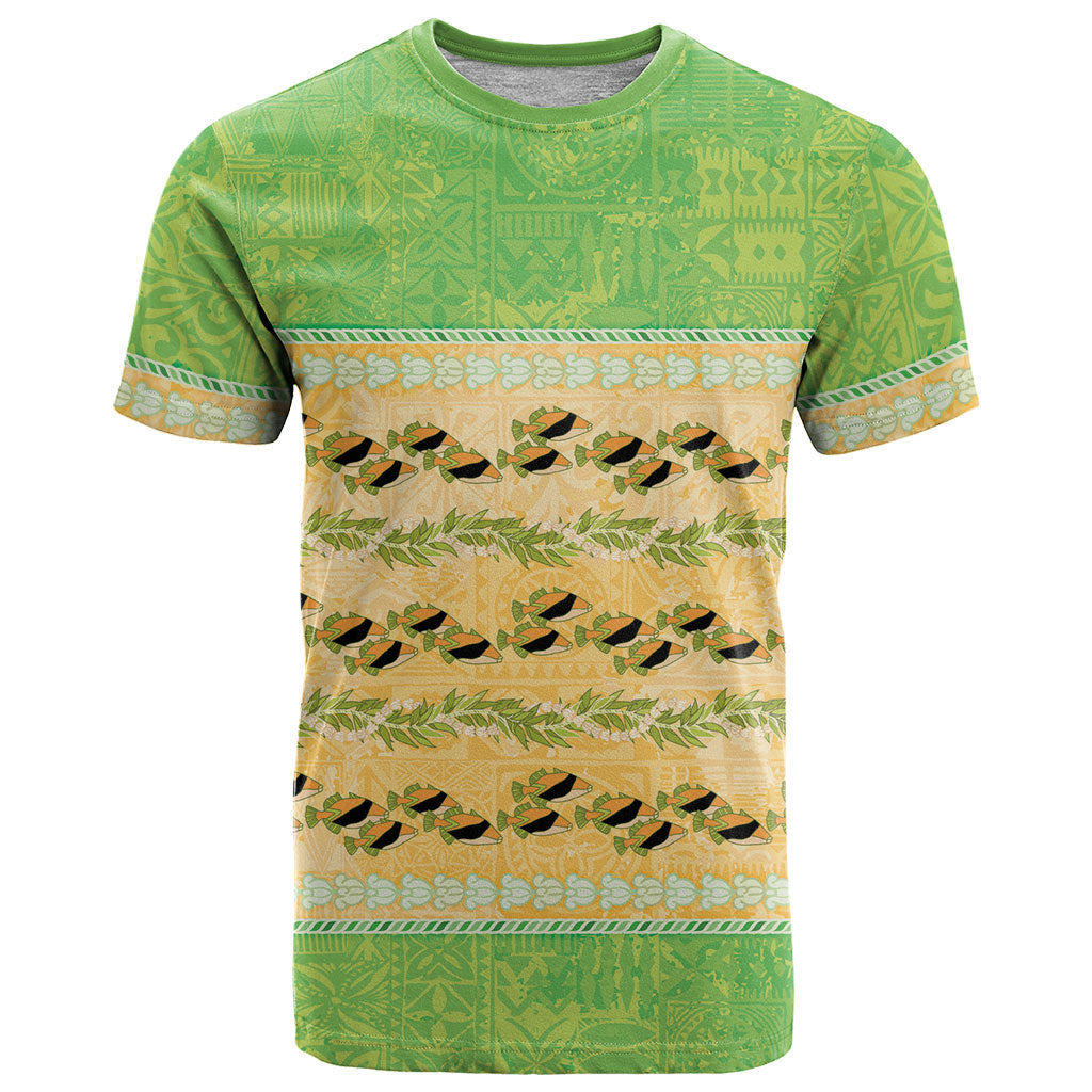 Hawaii Humuhumu Fish Maile Pikake Lei T Shirt Tribal Tapa Green Version