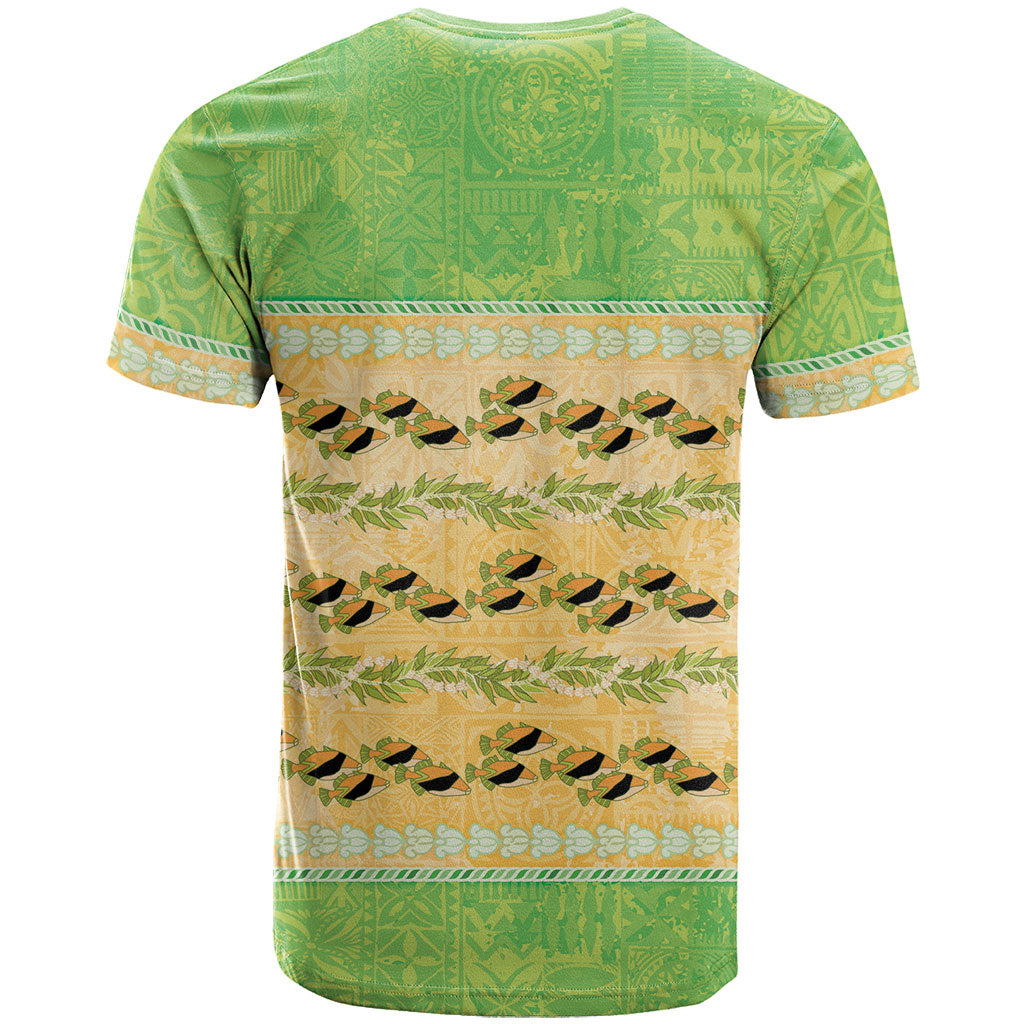 Hawaii Humuhumu Fish Maile Pikake Lei T Shirt Tribal Tapa Green Version