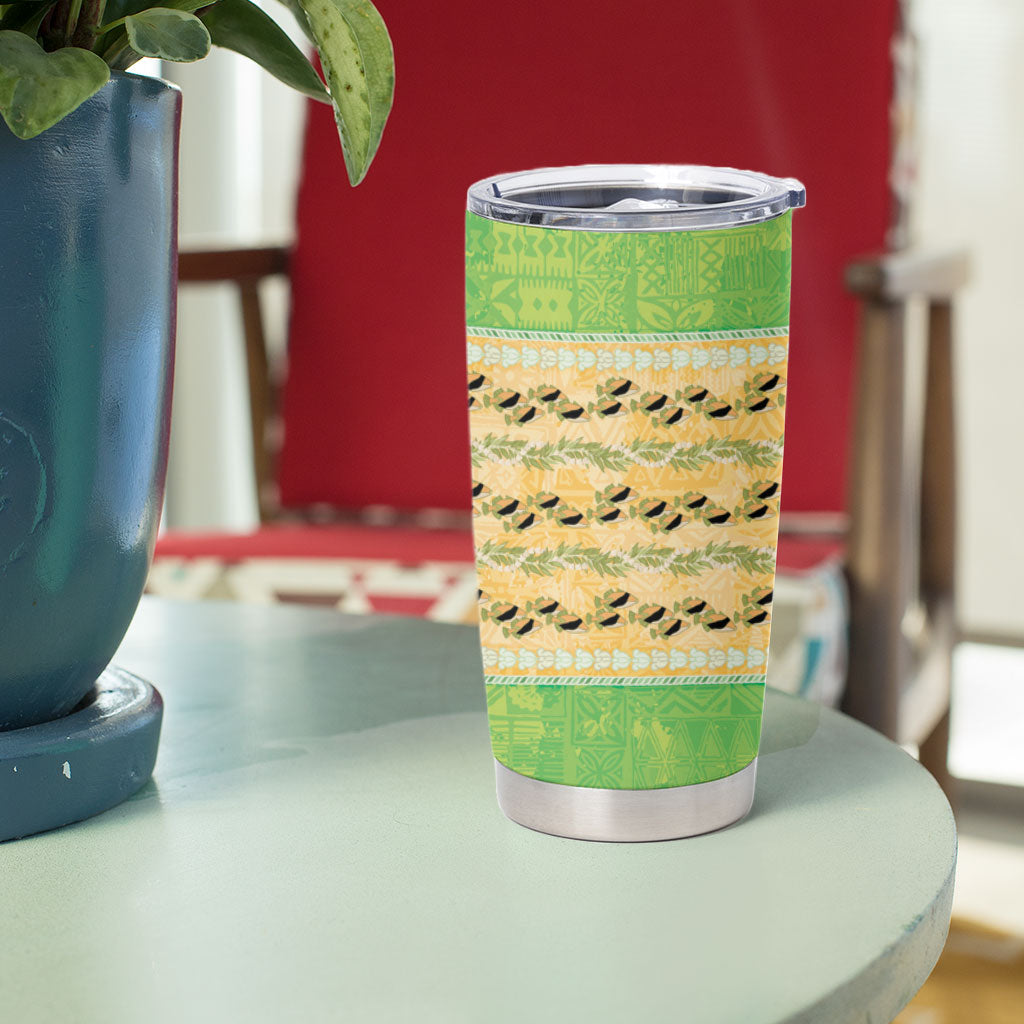 Hawaii Humuhumu Fish Maile Pikake Lei Tumbler Cup Tribal Tapa Green Version