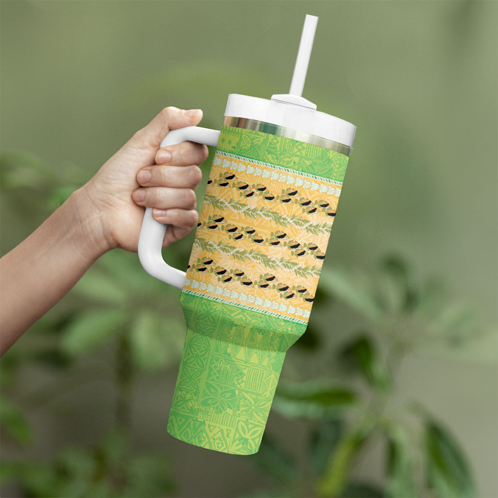 Hawaii Humuhumu Fish Maile Pikake Lei Tumbler With Handle Tribal Tapa Green Version