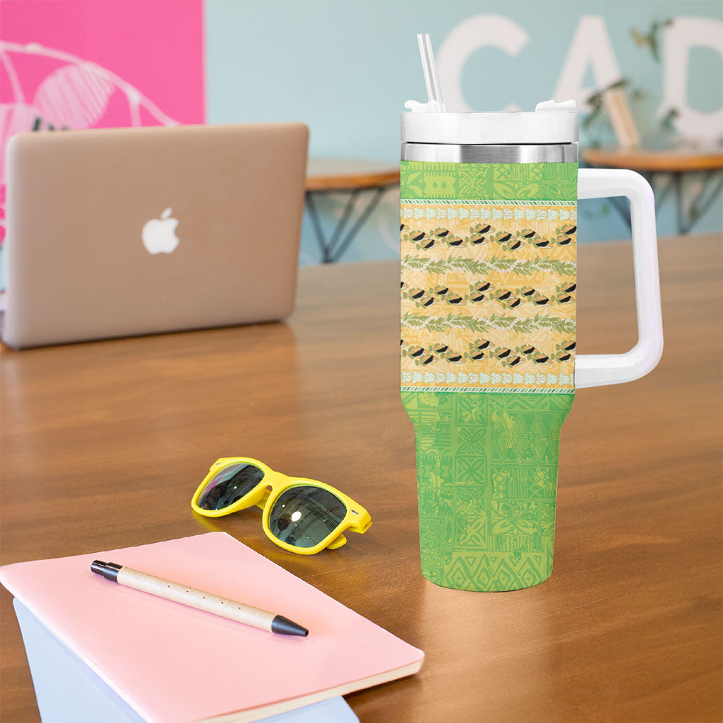 Hawaii Humuhumu Fish Maile Pikake Lei Tumbler With Handle Tribal Tapa Green Version