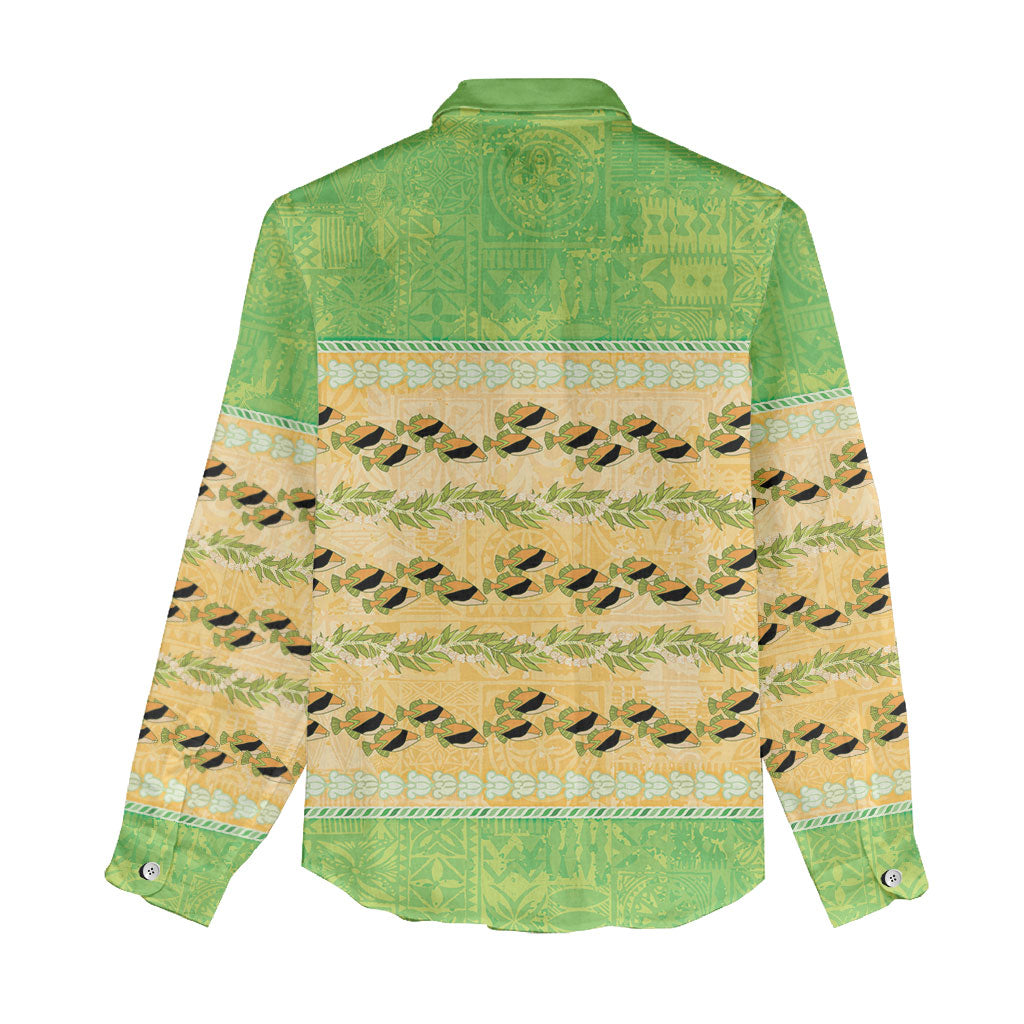 Hawaii Humuhumu Fish Maile Pikake Lei Women Casual Shirt Tribal Tapa Green Version