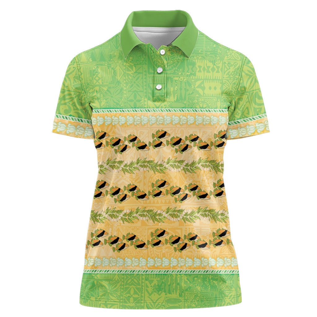 Hawaii Humuhumu Fish Maile Pikake Lei Women Polo Shirt Tribal Tapa Green Version