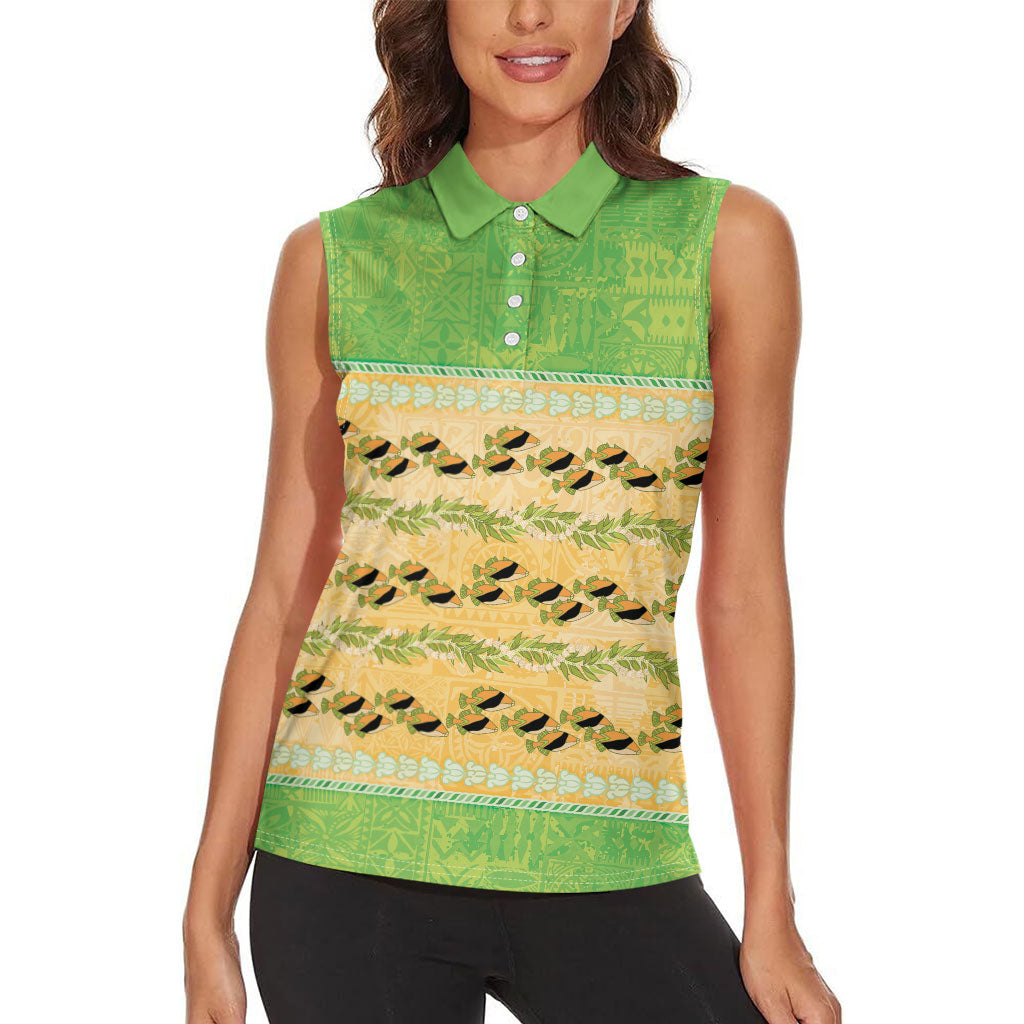 Hawaii Humuhumu Fish Maile Pikake Lei Women Sleeveless Polo Shirt Tribal Tapa Green Version