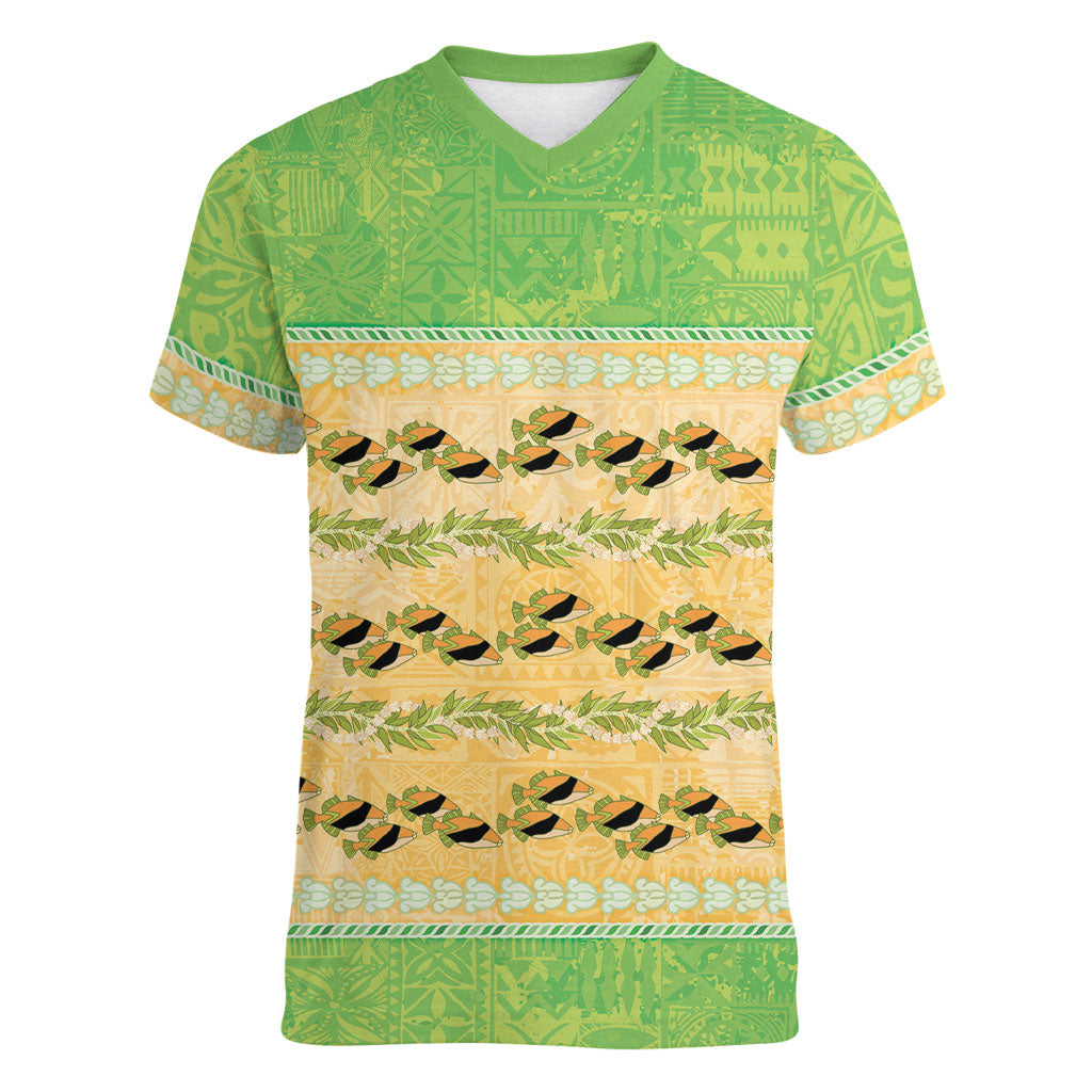 Hawaii Humuhumu Fish Maile Pikake Lei Women V-Neck T-Shirt Tribal Tapa Green Version