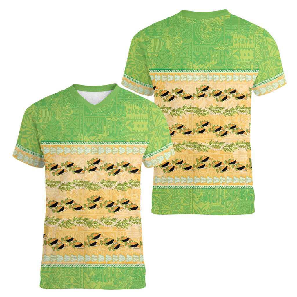 Hawaii Humuhumu Fish Maile Pikake Lei Women V-Neck T-Shirt Tribal Tapa Green Version