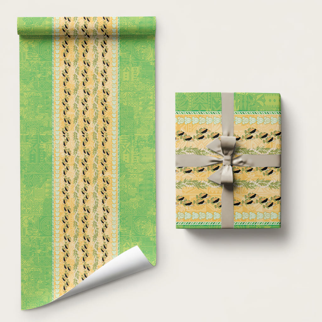 Hawaii Humuhumu Fish Maile Pikake Lei Wrapping Paper Tribal Tapa Green Version