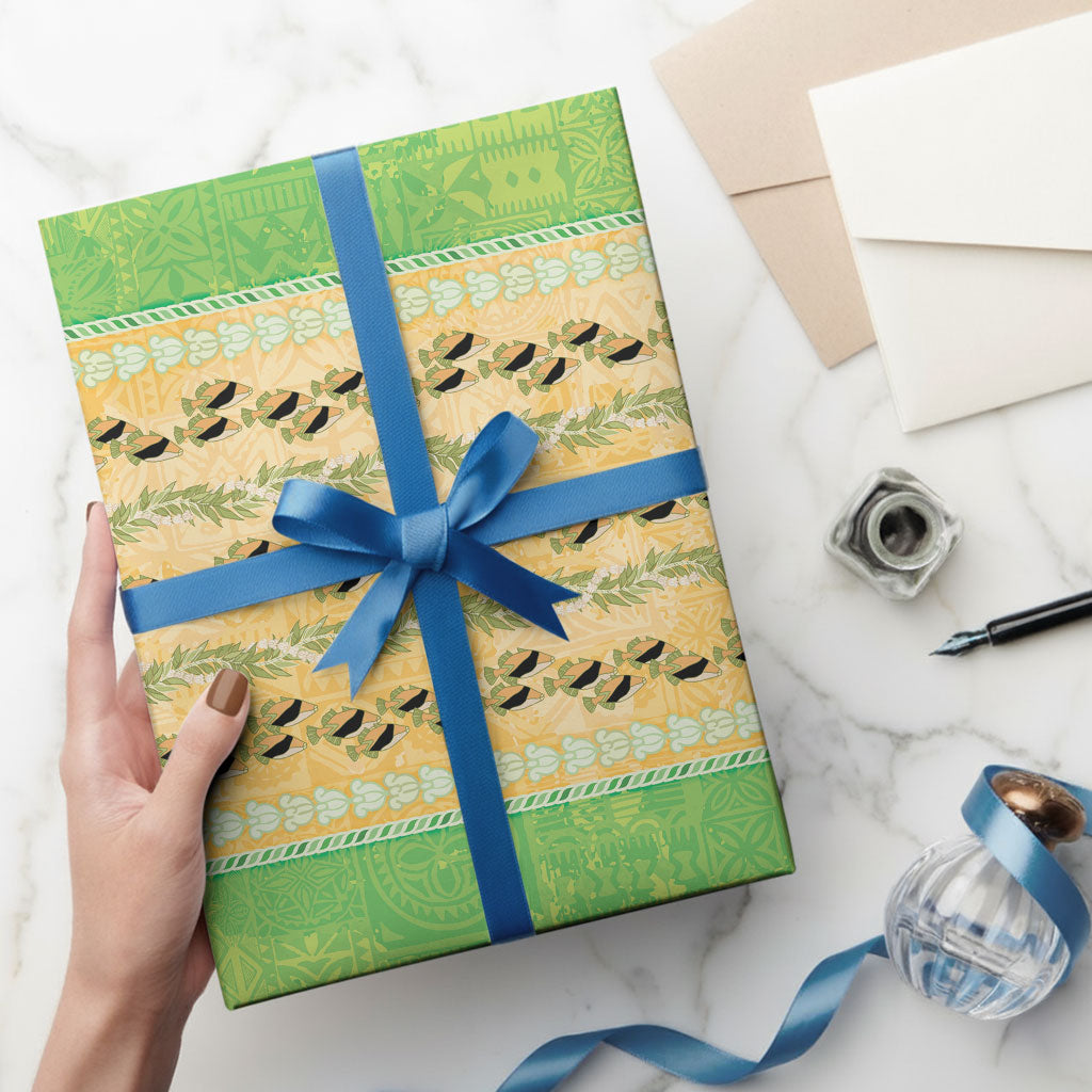 Hawaii Humuhumu Fish Maile Pikake Lei Wrapping Paper Tribal Tapa Green Version