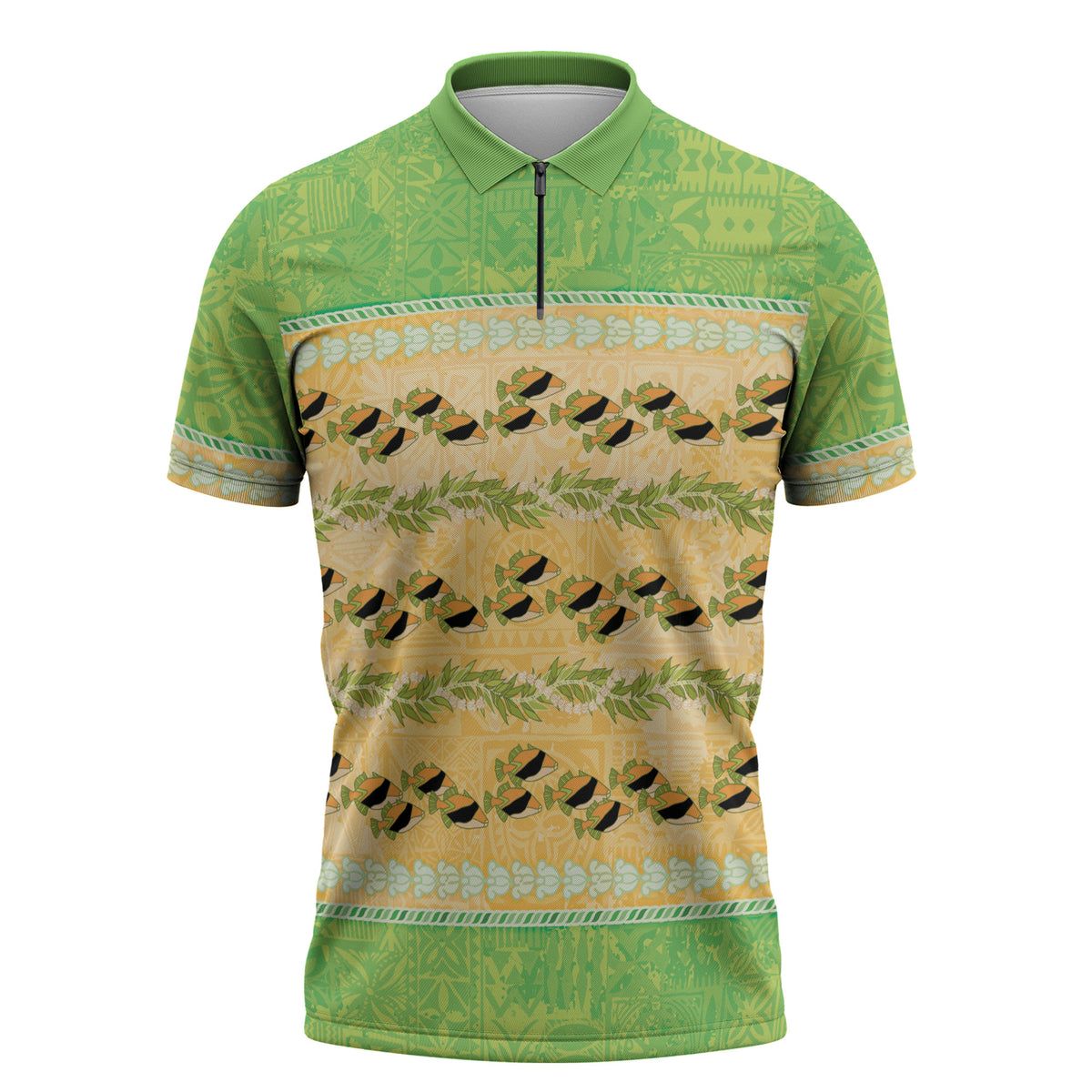 Hawaii Humuhumu Fish Maile Pikake Lei Zipper Polo Shirt Tribal Tapa Green Version