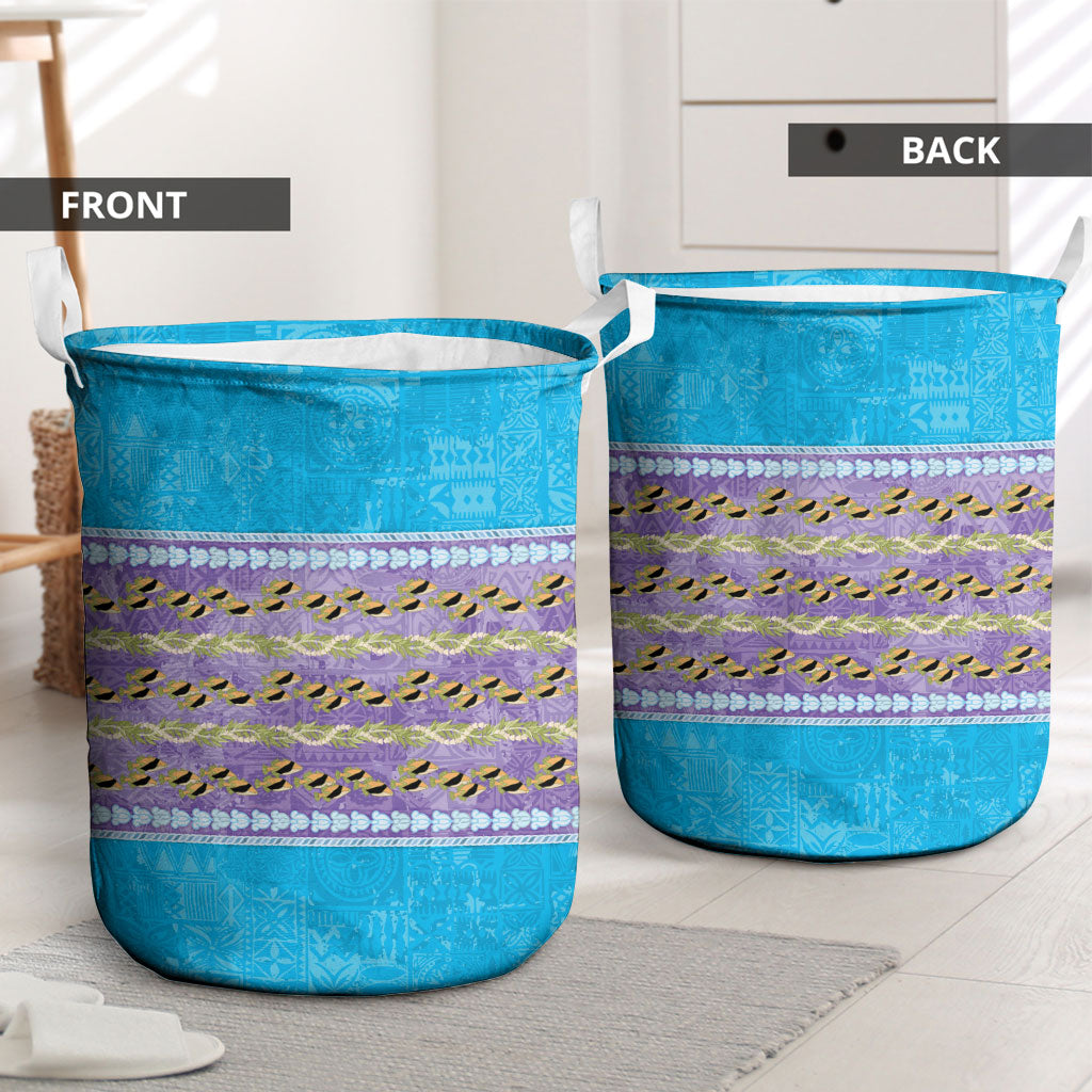 Hawaii Humuhumu Fish Maile Pikake Lei Laundry Basket Tribal Tapa Blue Version