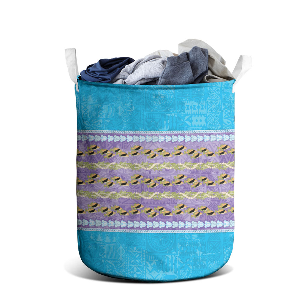 Hawaii Humuhumu Fish Maile Pikake Lei Laundry Basket Tribal Tapa Blue Version