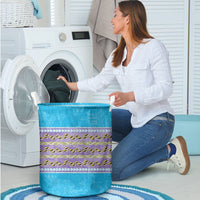 Hawaii Humuhumu Fish Maile Pikake Lei Laundry Basket Tribal Tapa Blue Version