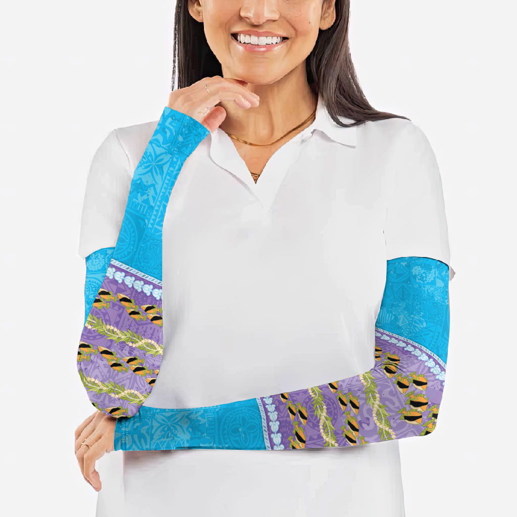 Hawaii Humuhumu Fish Maile Pikake Lei Arm Sleeves Tribal Tapa Blue Version