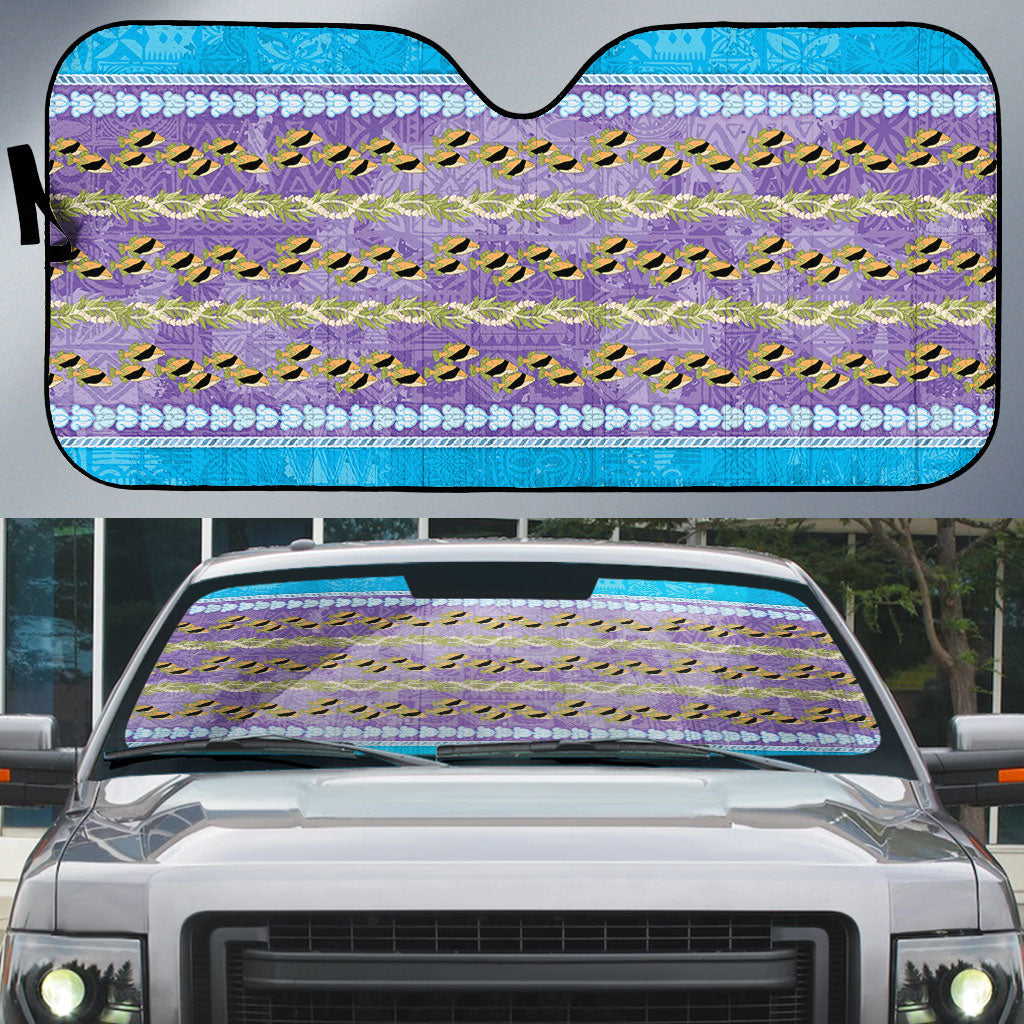 Hawaii Humuhumu Fish Maile Pikake Lei Auto Sun Shade Tribal Tapa Blue Version