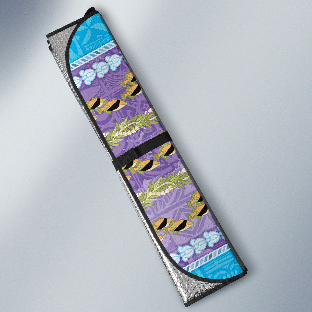 Hawaii Humuhumu Fish Maile Pikake Lei Auto Sun Shade Tribal Tapa Blue Version