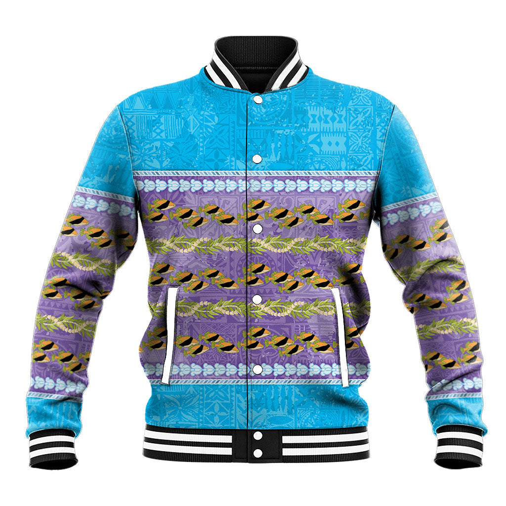 Hawaii Humuhumu Fish Maile Pikake Lei Baseball Jacket Tribal Tapa Blue Version