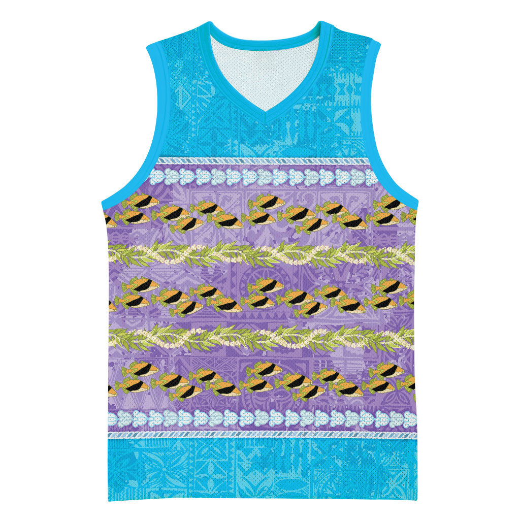 Hawaii Humuhumu Fish Maile Pikake Lei Basketball Jersey Tribal Tapa Blue Version