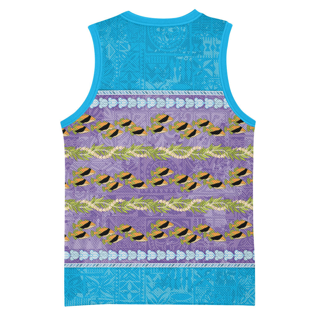 Hawaii Humuhumu Fish Maile Pikake Lei Basketball Jersey Tribal Tapa Blue Version