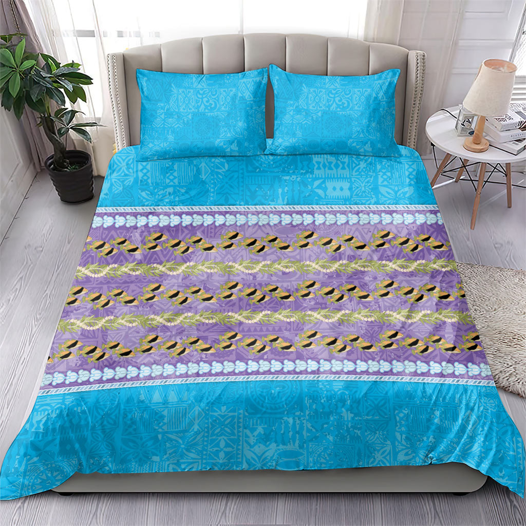 Hawaii Humuhumu Fish Maile Pikake Lei Bedding Set Tribal Tapa Blue Version