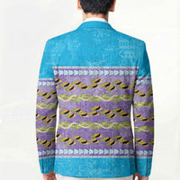 Hawaii Humuhumu Fish Maile Pikake Lei Blazer Tribal Tapa Blue Version