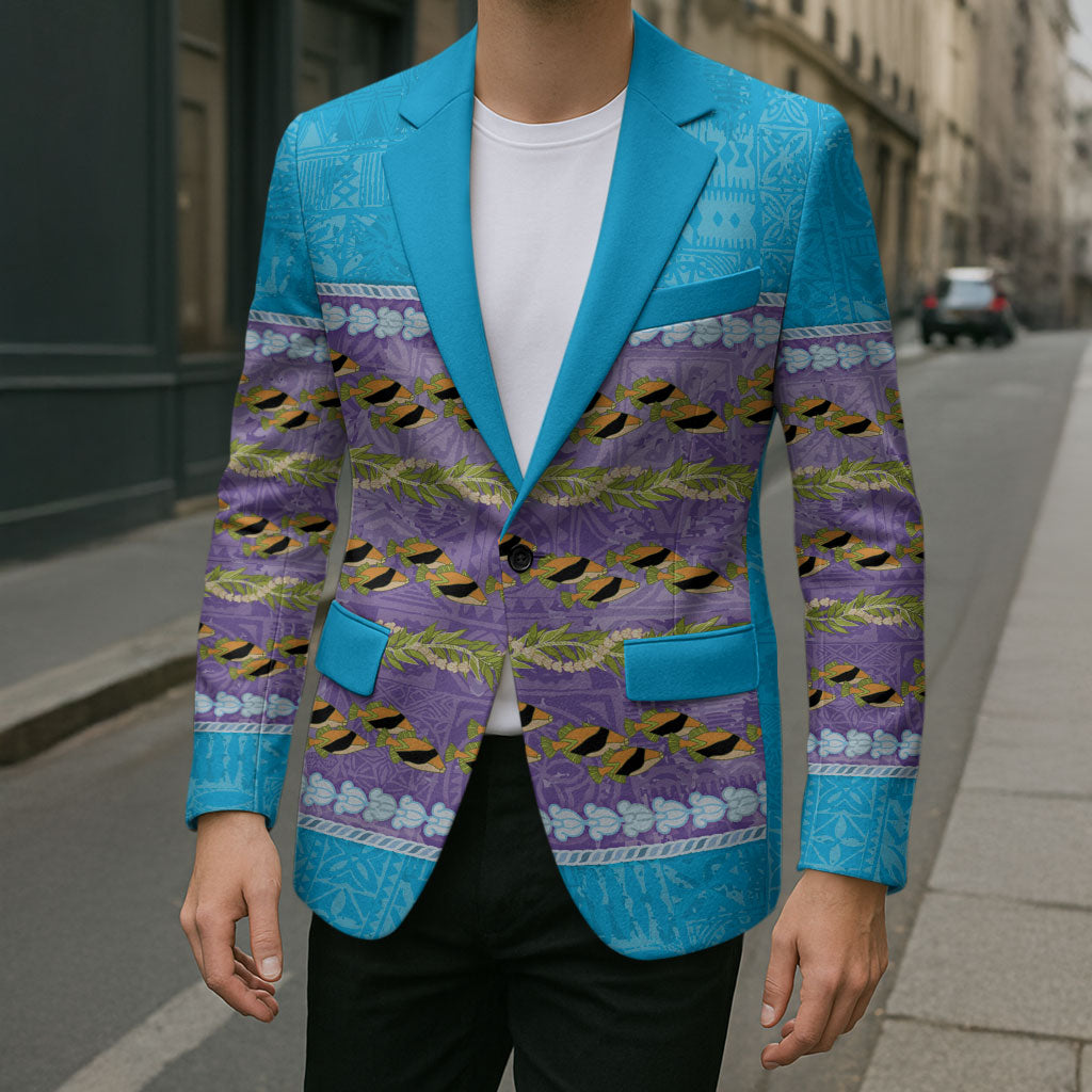 Hawaii Humuhumu Fish Maile Pikake Lei Blazer Tribal Tapa Blue Version