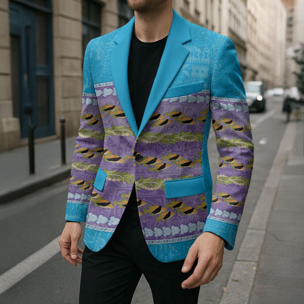 Hawaii Humuhumu Fish Maile Pikake Lei Blazer Tribal Tapa Blue Version