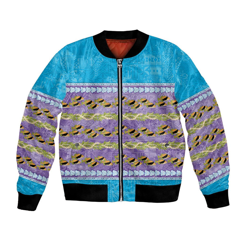Hawaii Humuhumu Fish Maile Pikake Lei Bomber Jacket Tribal Tapa Blue Version LT05 Unisex Blue - Polynesian Pride