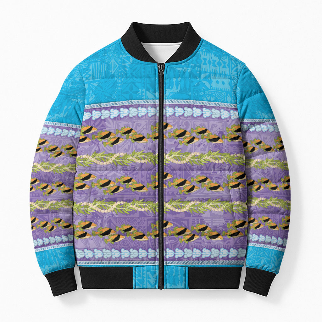 Hawaii Humuhumu Fish Maile Pikake Lei Bomber Puffer Jacket Tribal Tapa Blue Version