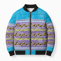 Hawaii Humuhumu Fish Maile Pikake Lei Bomber Puffer Jacket Tribal Tapa Blue Version