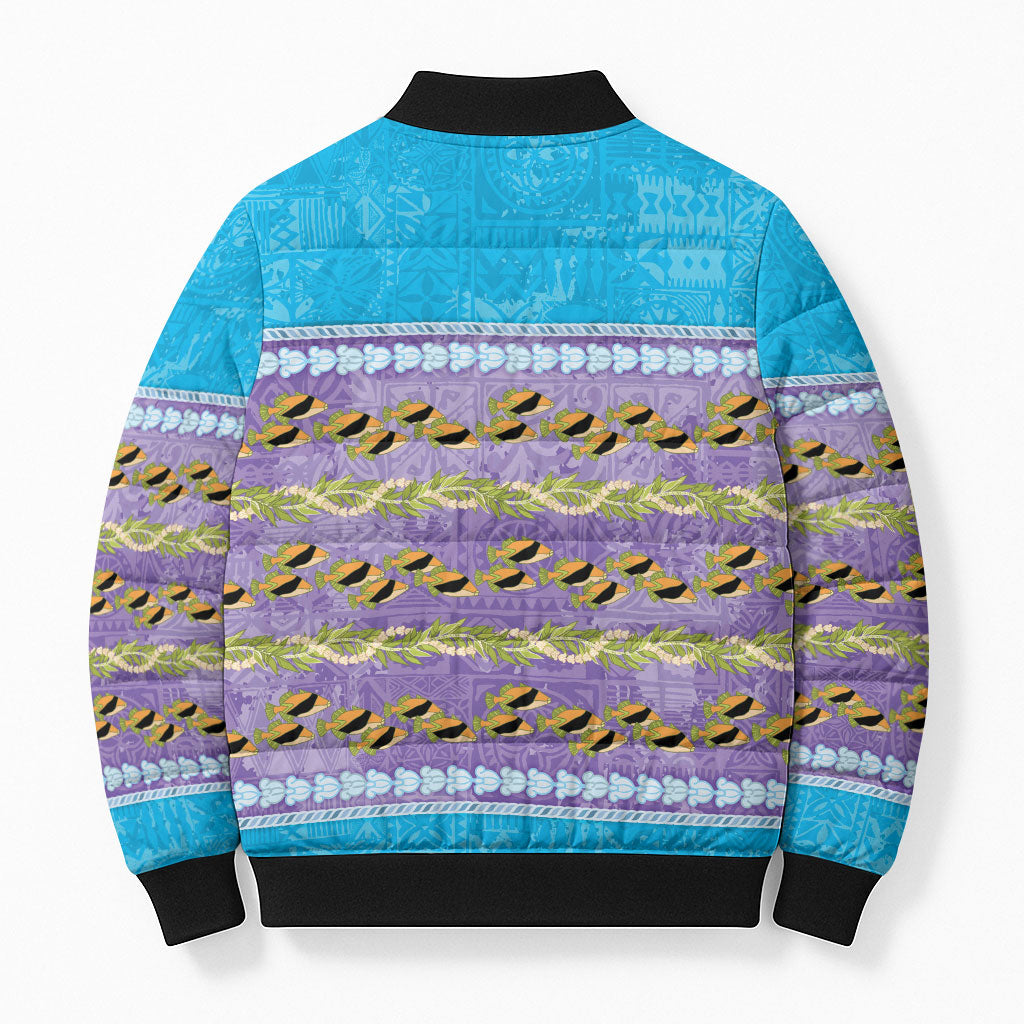 Hawaii Humuhumu Fish Maile Pikake Lei Bomber Puffer Jacket Tribal Tapa Blue Version