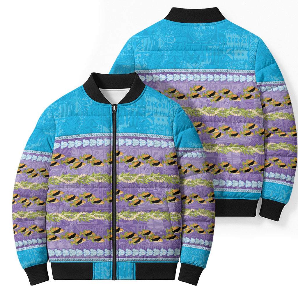 Hawaii Humuhumu Fish Maile Pikake Lei Bomber Puffer Jacket Tribal Tapa Blue Version