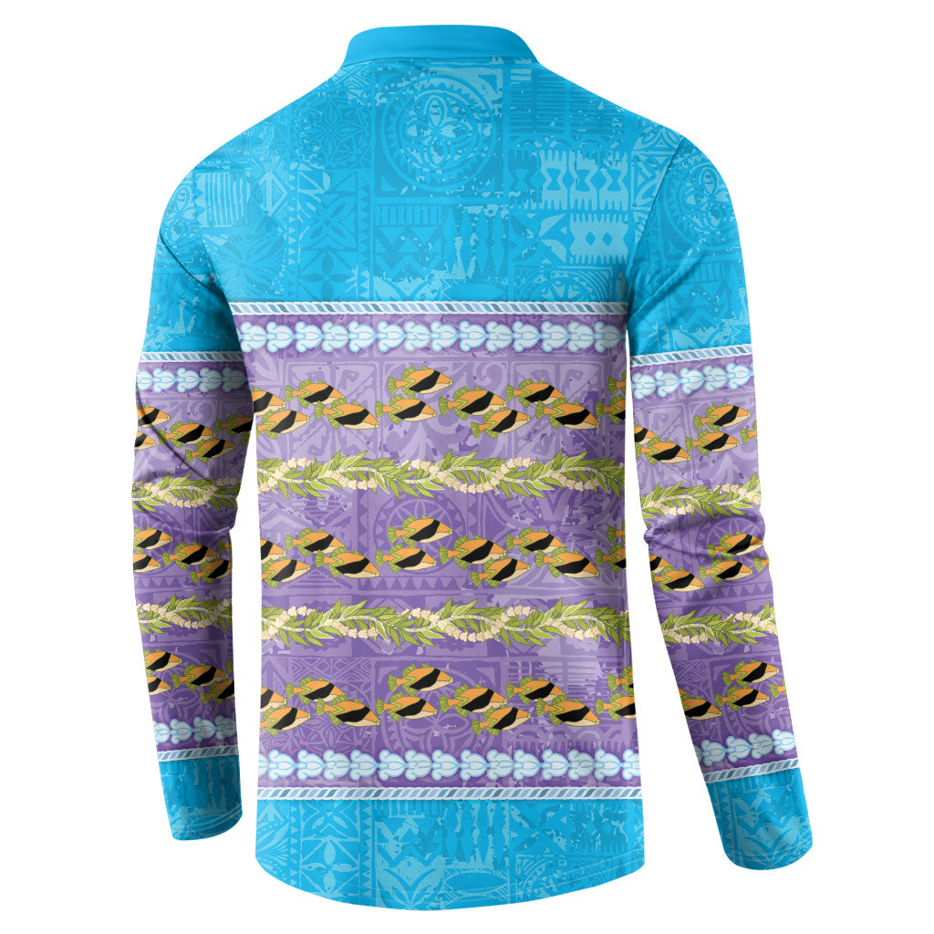 Hawaii Humuhumu Fish Maile Pikake Lei Button Sweatshirt Tribal Tapa Blue Version
