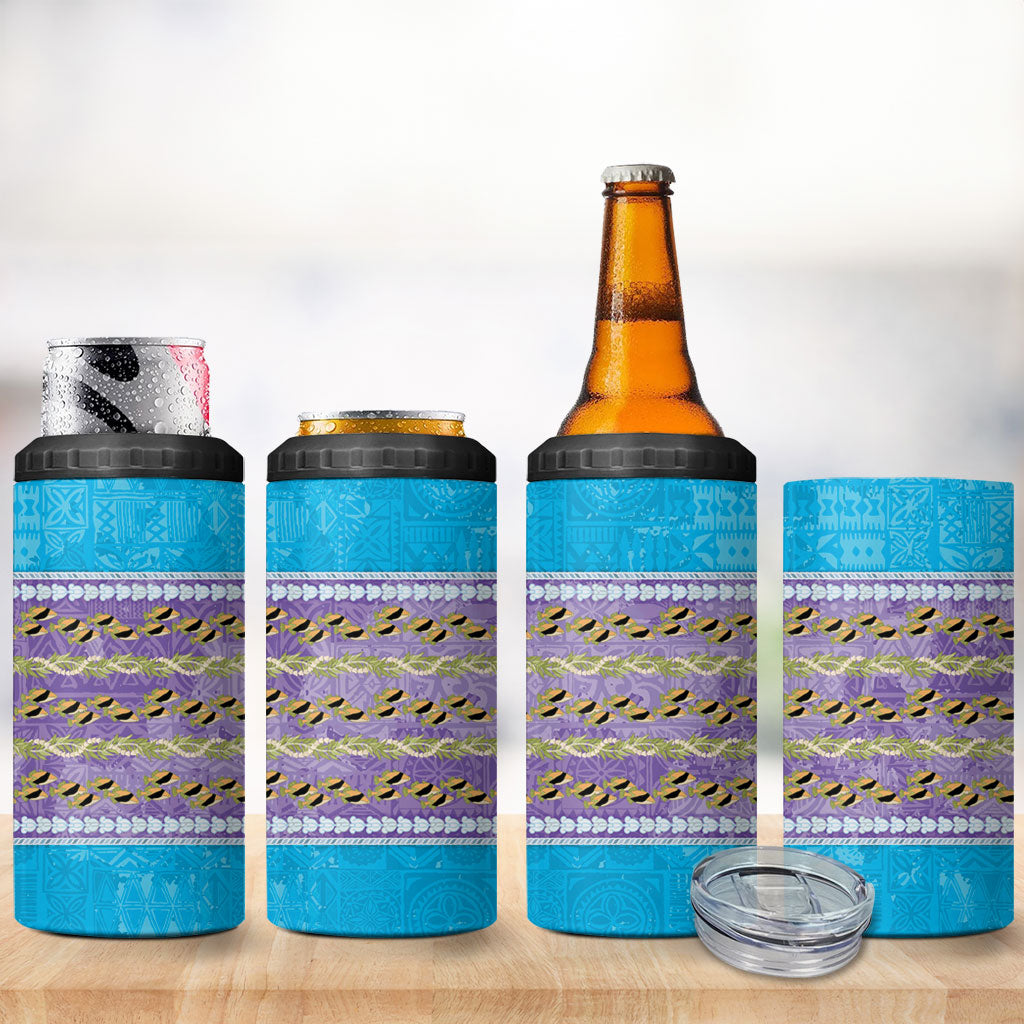 Hawaii Humuhumu Fish Maile Pikake Lei 4 in 1 Can Cooler Tumbler Tribal Tapa Blue Version