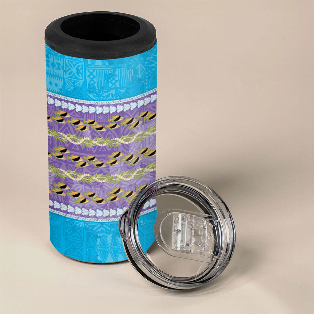 Hawaii Humuhumu Fish Maile Pikake Lei 4 in 1 Can Cooler Tumbler Tribal Tapa Blue Version