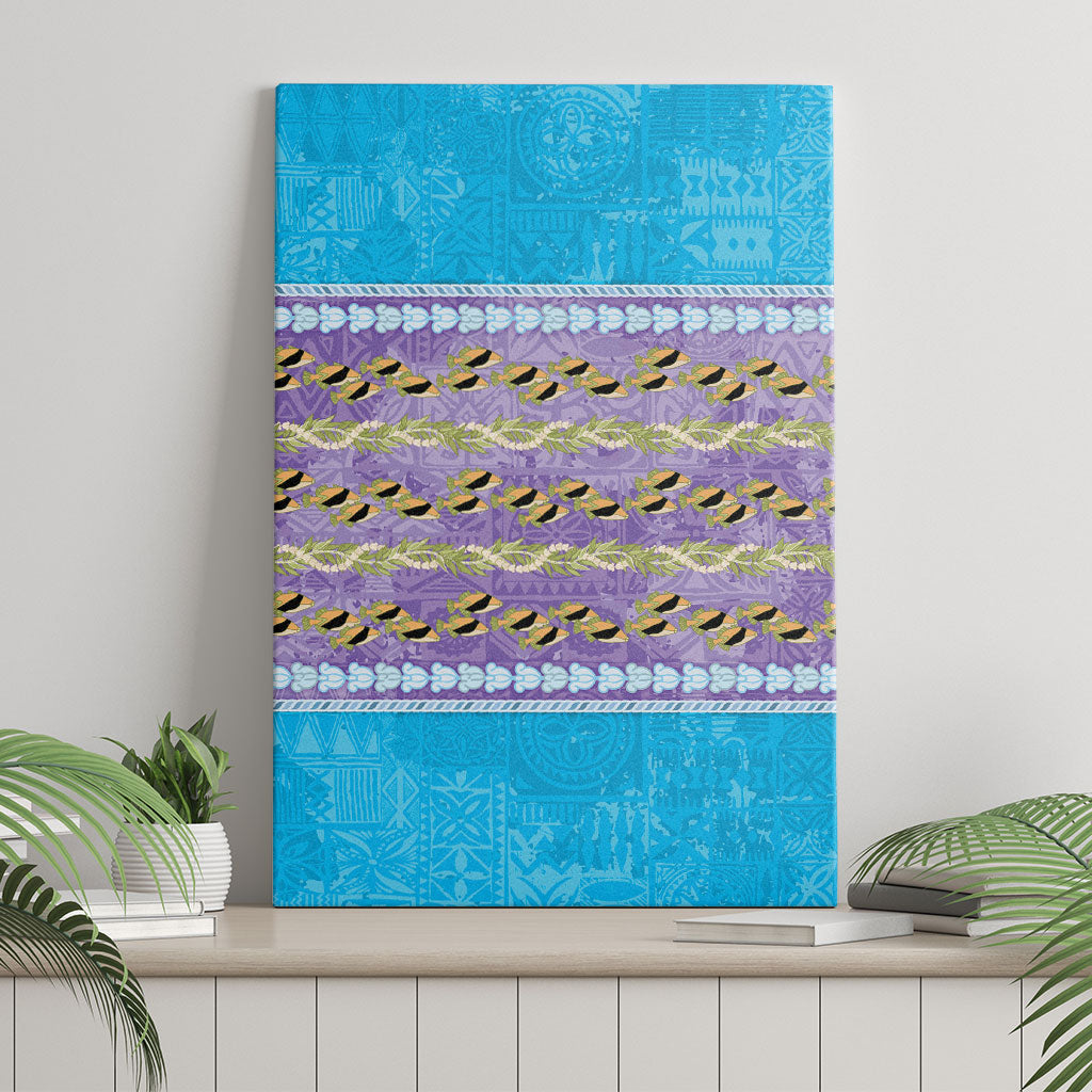 Hawaii Humuhumu Fish Maile Pikake Lei Canvas Wall Art Tribal Tapa Blue Version