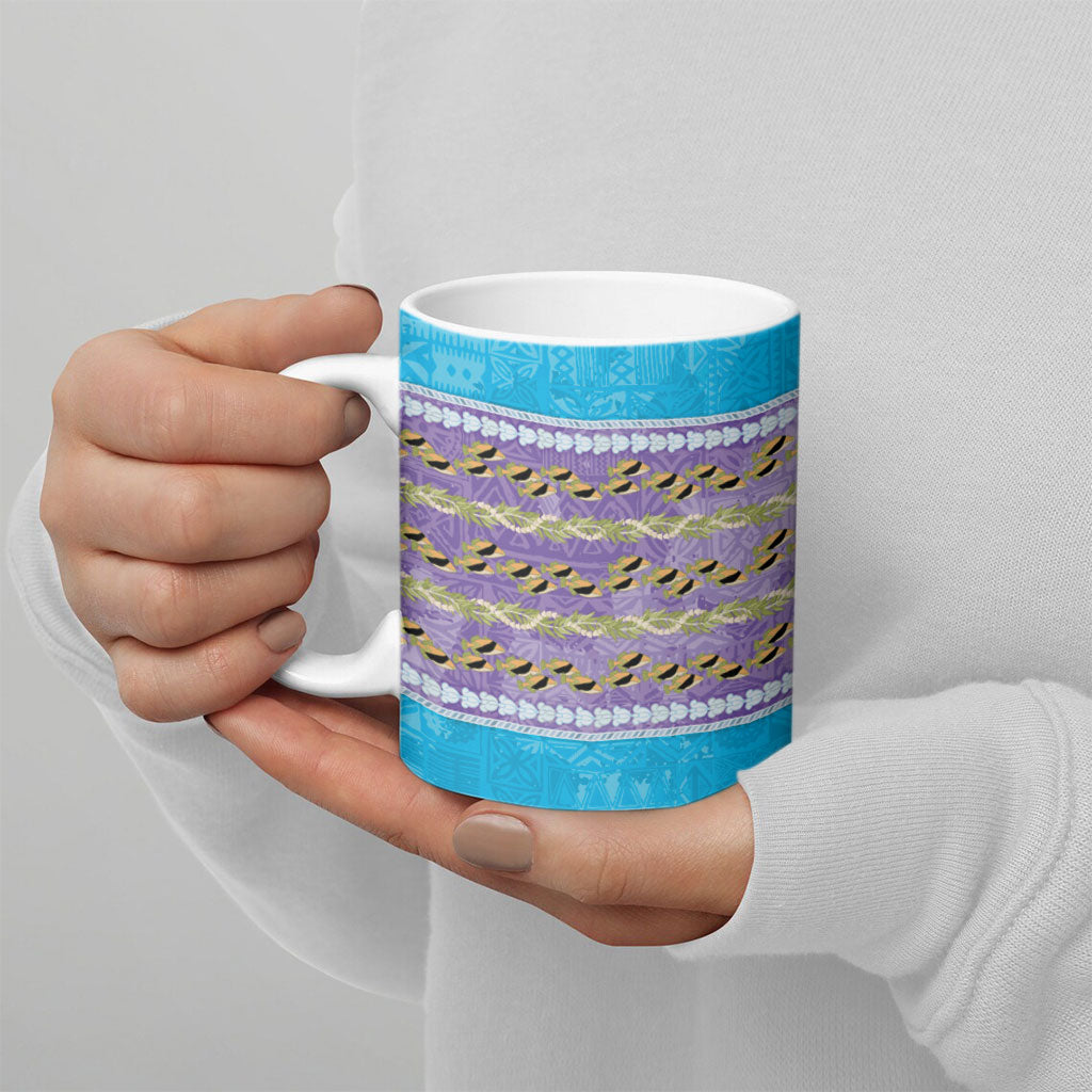 Hawaii Humuhumu Fish Maile Pikake Lei Ceramic Mug Tribal Tapa Blue Version