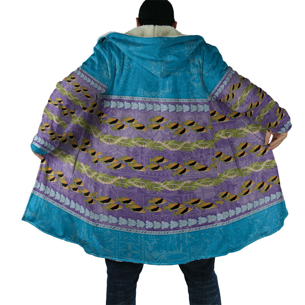 Hawaii Humuhumu Fish Maile Pikake Lei Cloak Tribal Tapa Blue Version