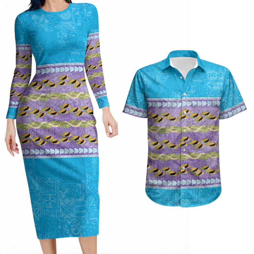 Hawaii Humuhumu Fish Maile Pikake Lei Couples Matching Long Sleeve Bodycon Dress and Hawaiian Shirt Tribal Tapa Blue Version