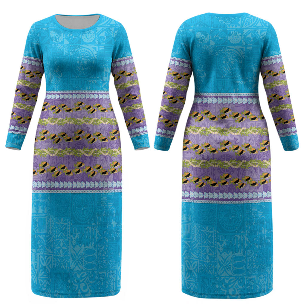 Hawaii Humuhumu Fish Maile Pikake Lei Couples Matching Long Sleeve Bodycon Dress and Hawaiian Shirt Tribal Tapa Blue Version