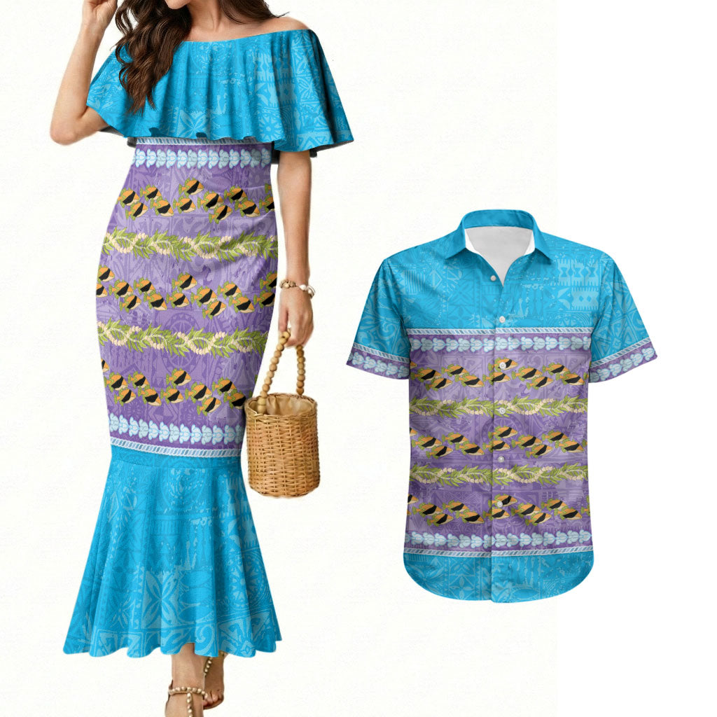 Hawaii Humuhumu Fish Maile Pikake Lei Couples Matching Mermaid Dress and Hawaiian Shirt Tribal Tapa Blue Version