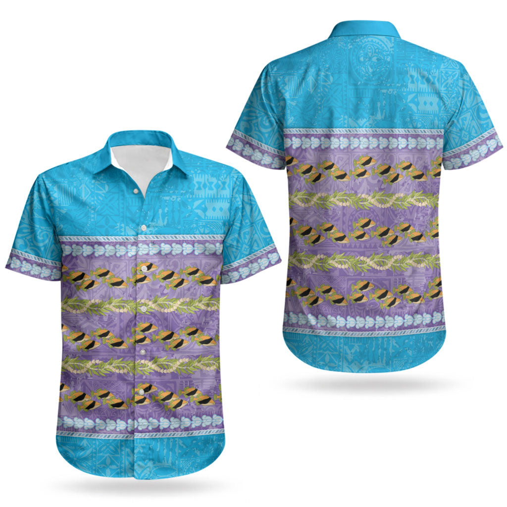 Hawaii Humuhumu Fish Maile Pikake Lei Couples Matching Mermaid Dress and Hawaiian Shirt Tribal Tapa Blue Version