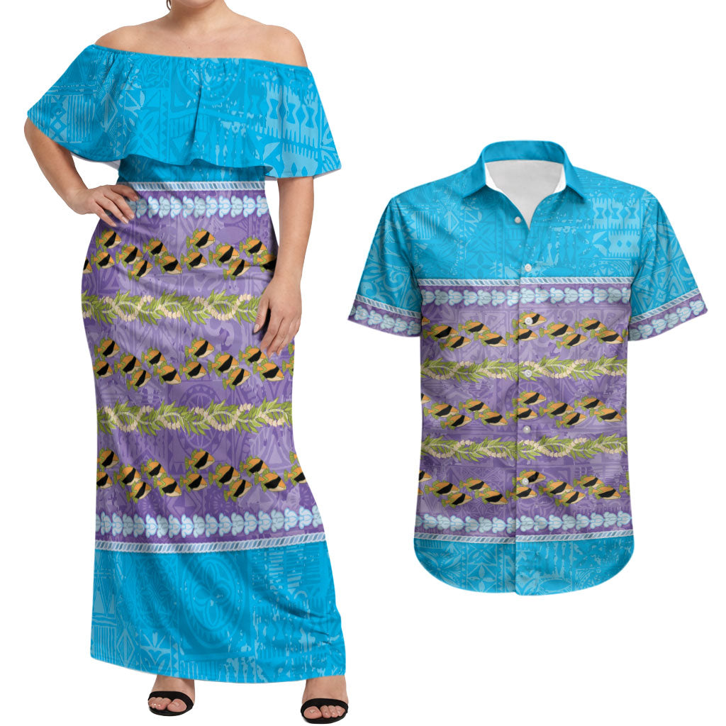 Hawaii Humuhumu Fish Maile Pikake Lei Couples Matching Off Shoulder Maxi Dress and Hawaiian Shirt Tribal Tapa Blue Version