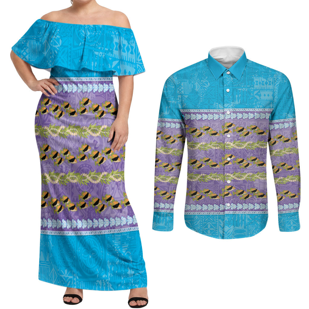 Hawaii Humuhumu Fish Maile Pikake Lei Couples Matching Off Shoulder Maxi Dress and Long Sleeve Button Shirt Tribal Tapa Blue Version