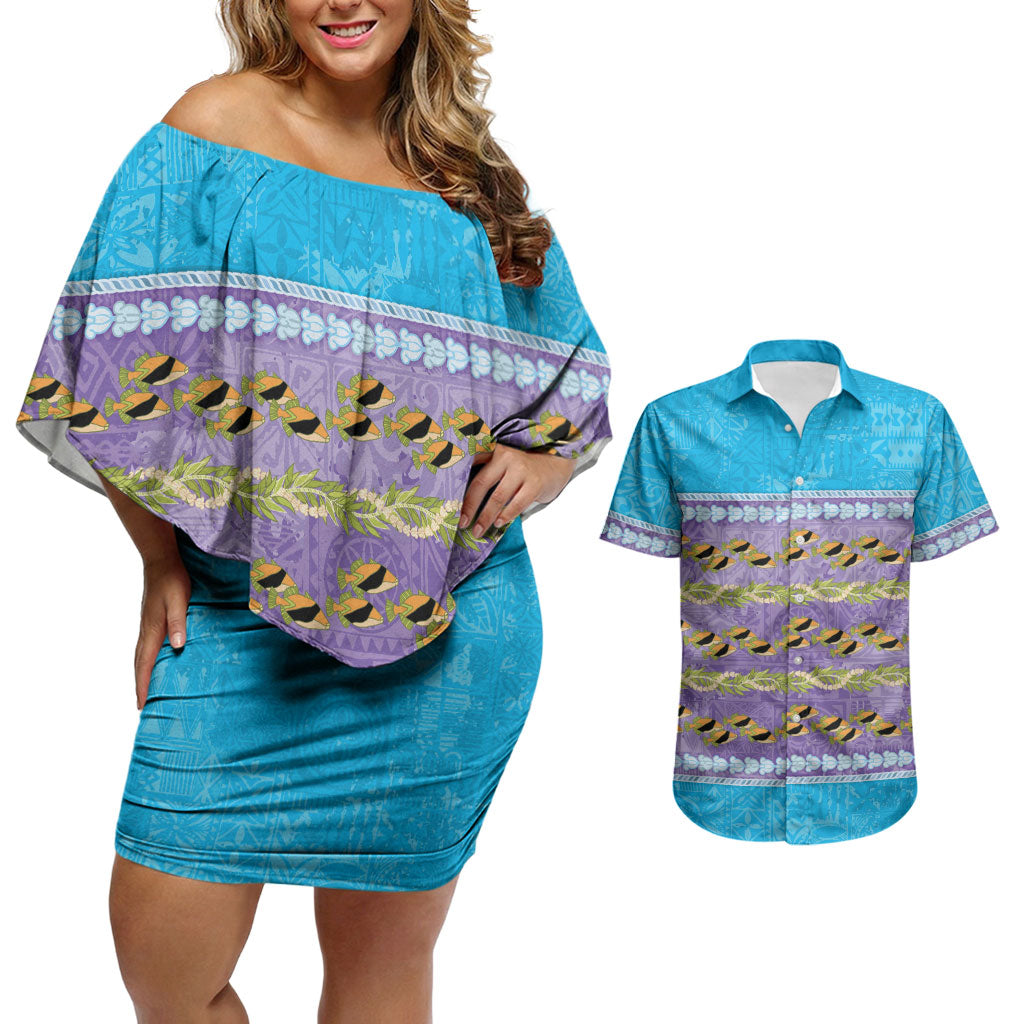 Hawaii Humuhumu Fish Maile Pikake Lei Couples Matching Off Shoulder Short Dress and Hawaiian Shirt Tribal Tapa Blue Version