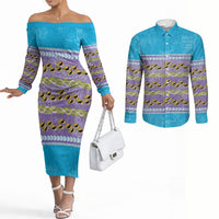 Hawaii Humuhumu Fish Maile Pikake Lei Couples Matching Off The Shoulder Long Sleeve Dress and Long Sleeve Button Shirt Tribal Tapa Blue Version