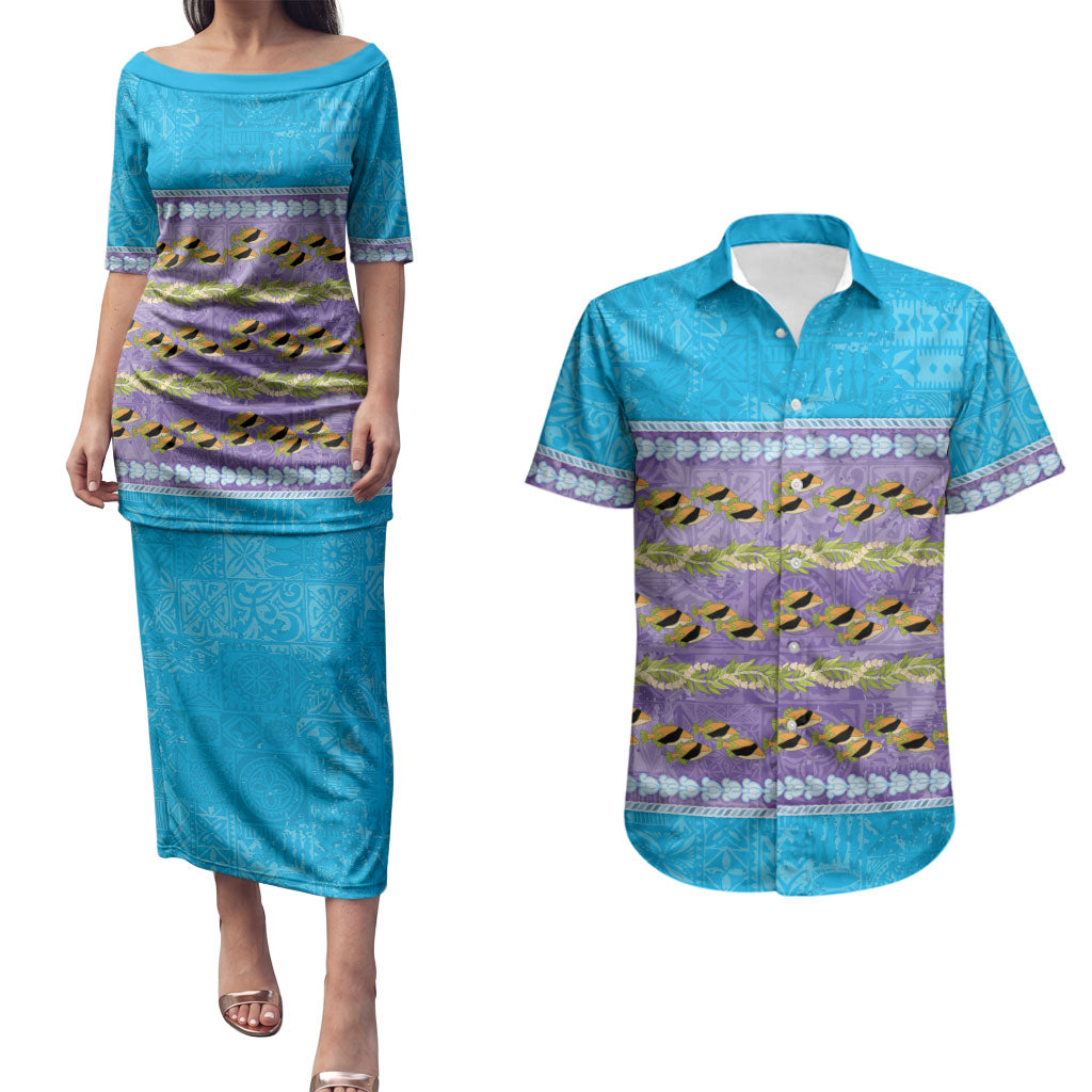 Hawaii Humuhumu Fish Maile Pikake Lei Couples Matching Puletasi and Hawaiian Shirt Tribal Tapa Blue Version