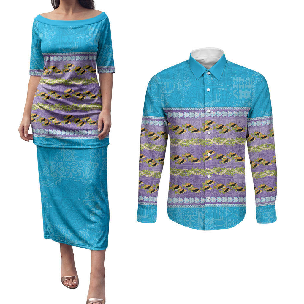 Hawaii Humuhumu Fish Maile Pikake Lei Couples Matching Puletasi and Long Sleeve Button Shirt Tribal Tapa Blue Version LT05 Blue - Polynesian Pride