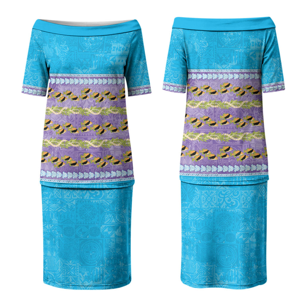 Hawaii Humuhumu Fish Maile Pikake Lei Couples Matching Puletasi and Long Sleeve Button Shirt Tribal Tapa Blue Version